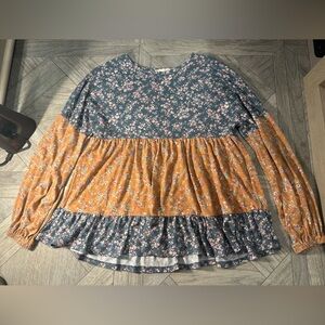 Floral Patchwork Blouse - Blue and Orange